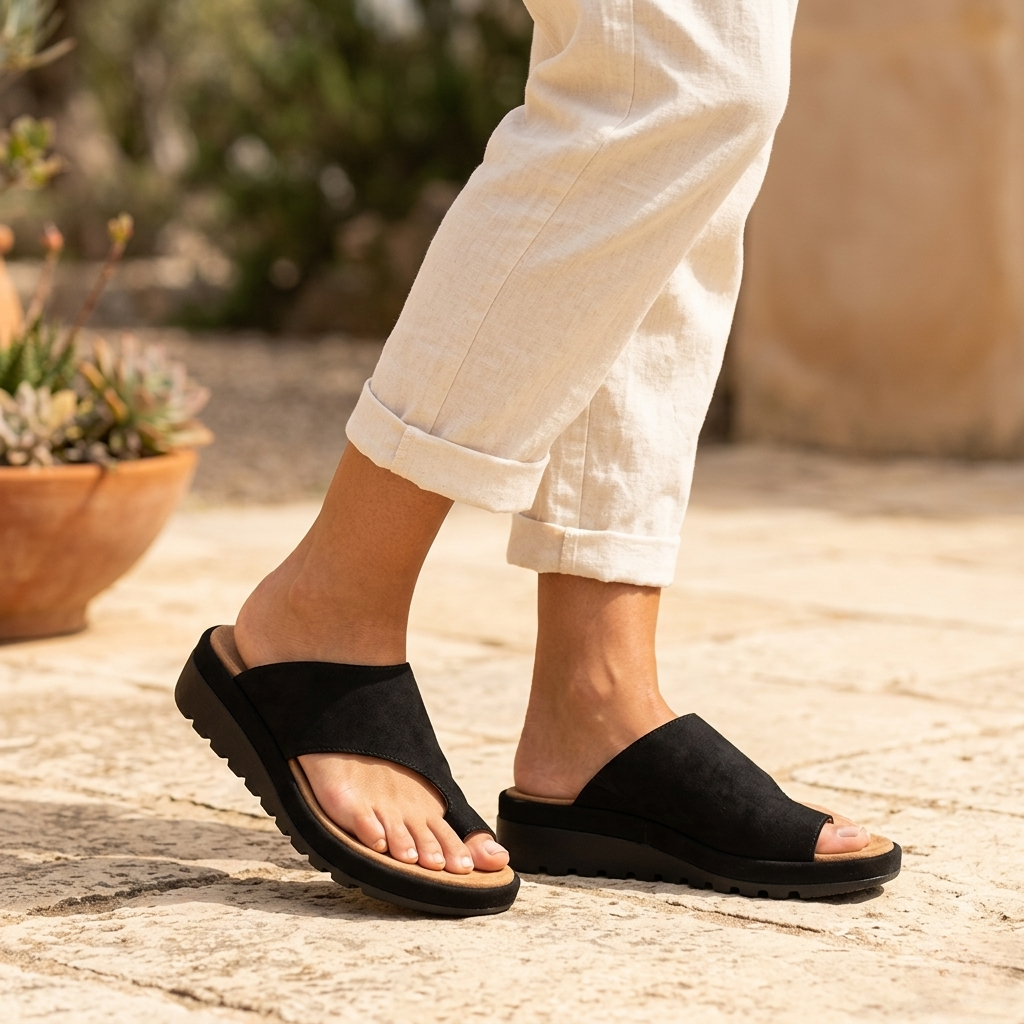 Women’s Toe Ring Slide Sandals - Non-Slip Wedge Sole