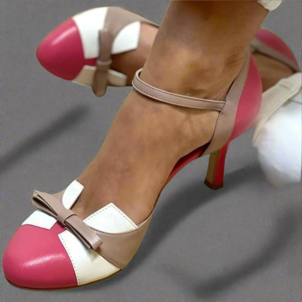 Women's Two-Tone Bow Mary Jane Heels - Slim Stiletto and Ankle Strap