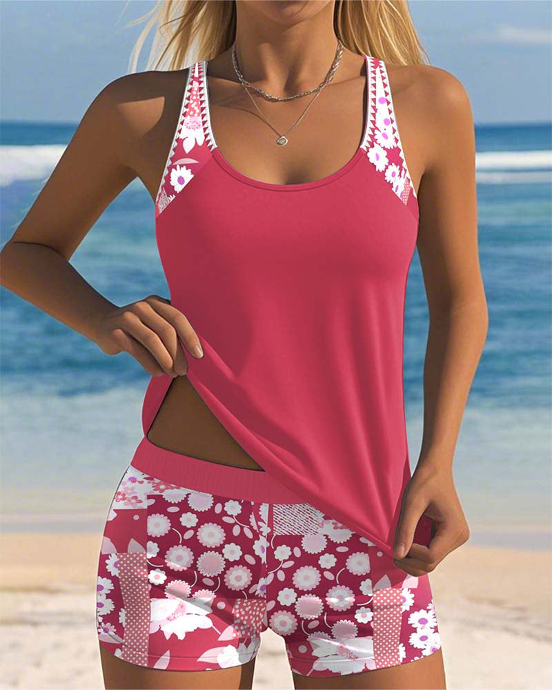 Women's Two Piece Swimsuit Tankini Top with Floral Swim Shorts