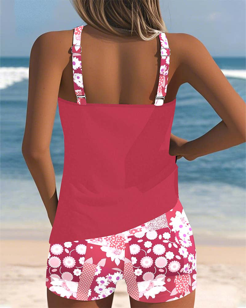 Women's Two Piece Swimsuit Tankini Top with Floral Swim Shorts