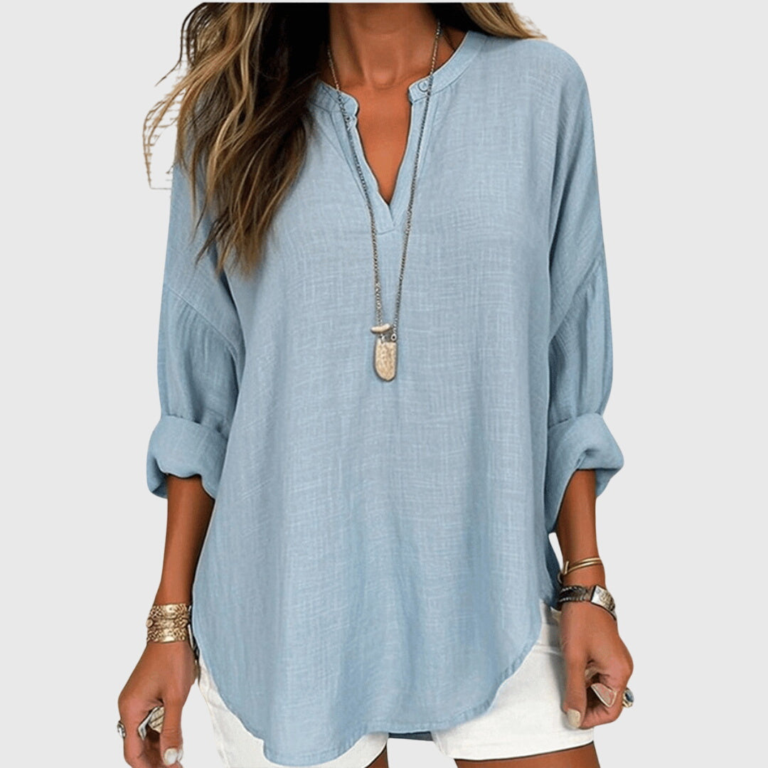 Women's V-Neck Longline Blouse - Roll-Tab Sleeves and Curved Hem Detail