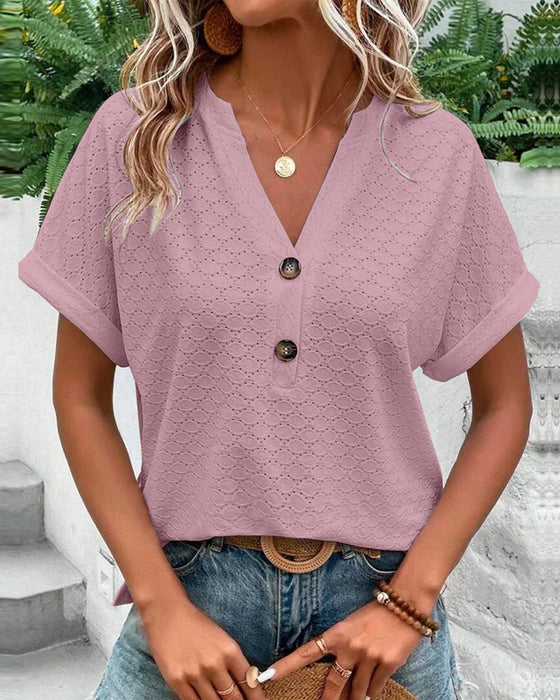 Women's V-Neck Short Sleeve Blouse - Textured with Button Detail