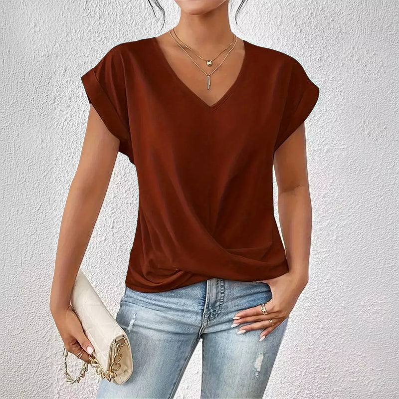 Women's V-Neck Short Sleeved Top - Draped Front Style