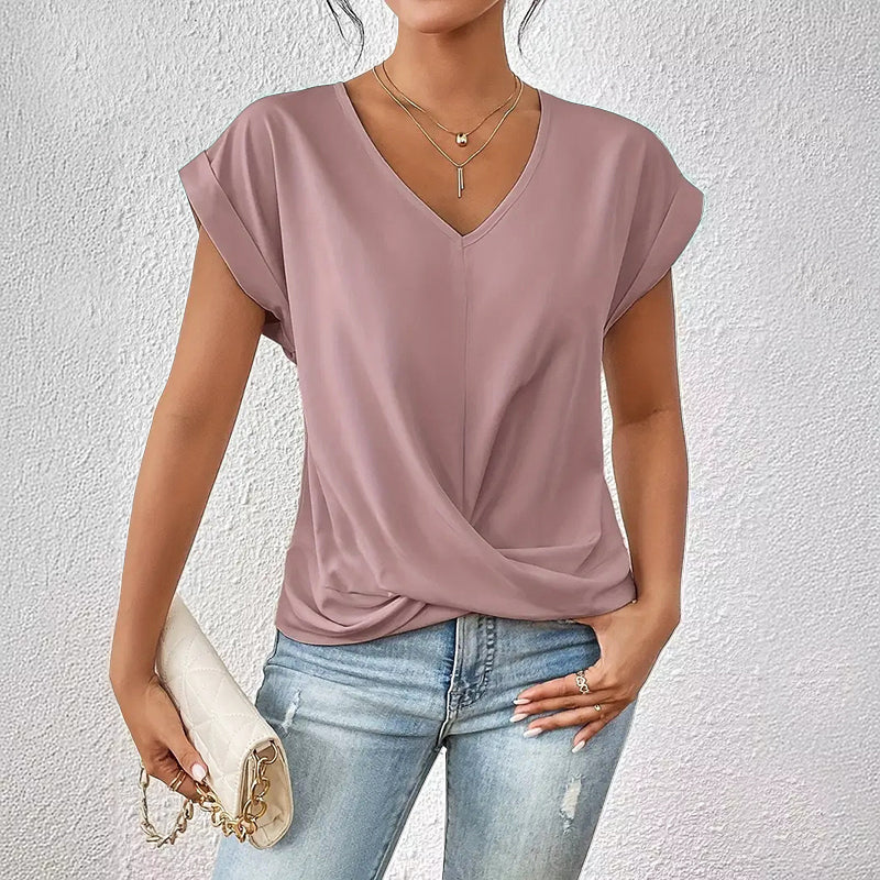 Women's V-Neck Short Sleeved Top - Draped Front Style