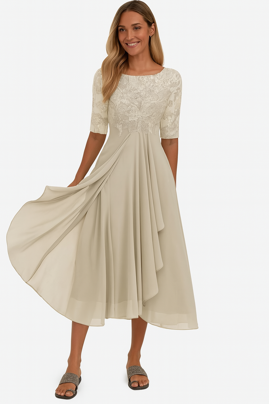 Women's Wedding Guest Midi Dress - Floral Lace Bodice and Layered Pleated Skirt