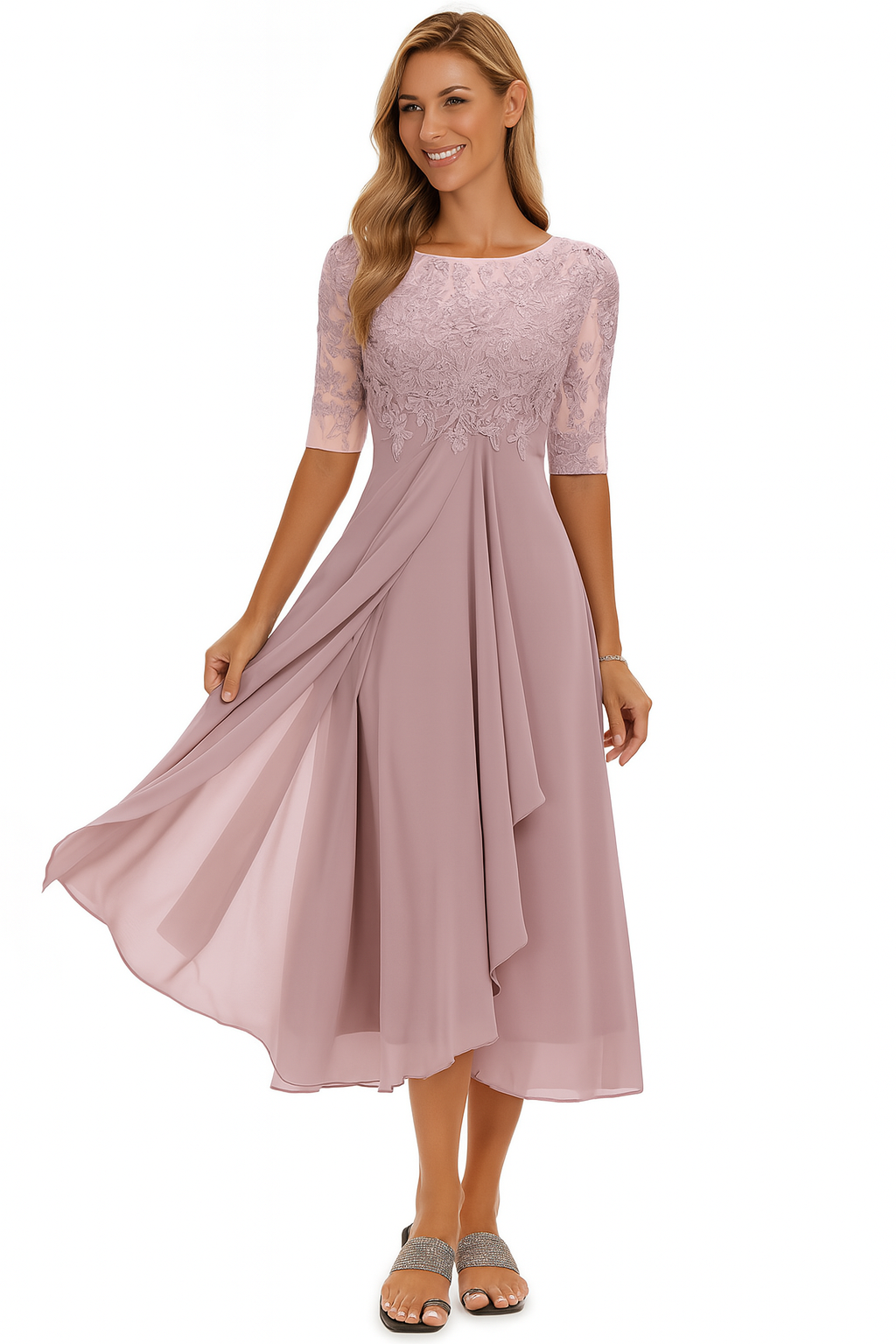 Women's Wedding Guest Midi Dress - Floral Lace Bodice and Layered Pleated Skirt