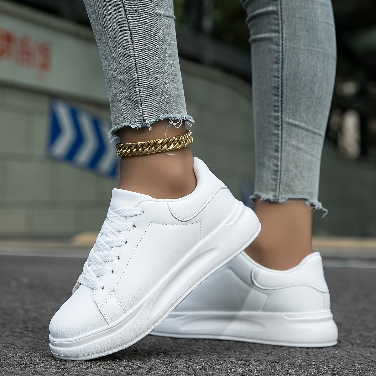 Women's White Lace-Up Trainers - Thick Sole