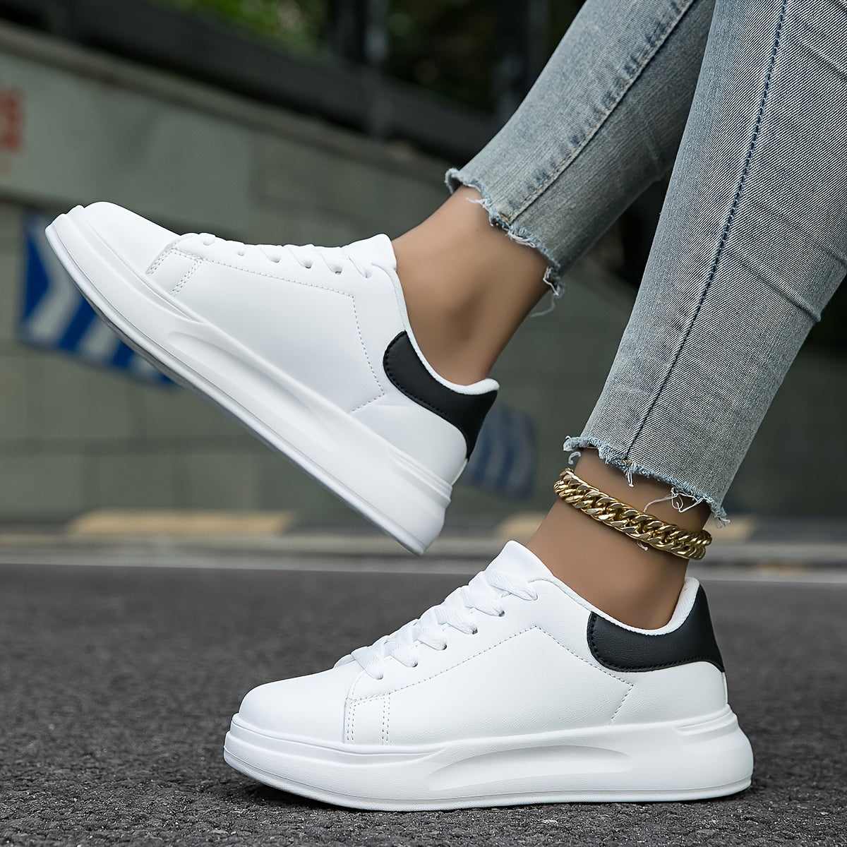 Women's White Lace-Up Trainers - Thick Sole