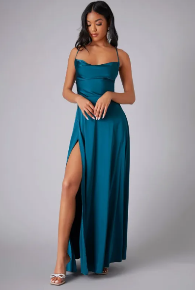 Women's Satin Cowl Neck Maxi Dress - Lace-Up Back and Side Slit
